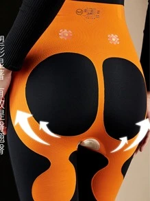 1pc Women's High-Waist Tummy Control Leggings, Black/Nude Compression Skinny Leggings, Suitable For Everyday Workout - Black - View 10