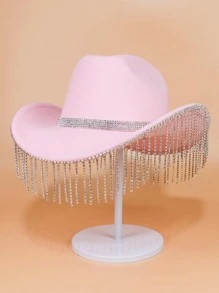 1入組水鑽點綴寬腰帶西部牛仔帽,完美適用於音樂節和派對,帶鏈子吊墜和爵士樂帽