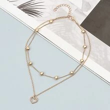 1pc Double Layer Full Rhinestone Heart Pendant Necklace Suitable For Daily Wear - Gold - View 3