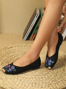 女式低帮平底绣花鞋 - 黑色 - 查看 2