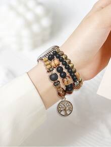 波西米亞風格幸運樹設計手表帶手鍊 - 黑色 - 查看 3