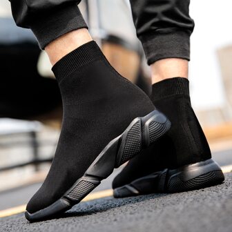 TOLLN Men's Spring And Autumn Anti-slip Shock-absorbing Knitted Elastic High-top Casual Sports Shoes