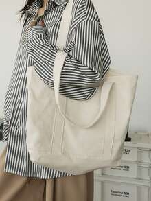 Japanese Style High Capacity Multilayer Canvas Tote Bag For Students To Carry To Class - White - View 3