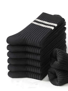 6pairs Men's Vertical Stripe Mid-Calf Socks, One Size Fits 35-43, Couple Style, Black, Fall