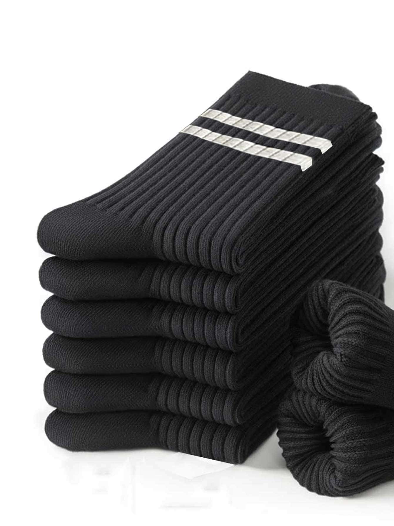 6pairs Men's Vertical Stripe Mid-Calf Socks, One Size Fits 35-43, Couple Style, Black, Fall