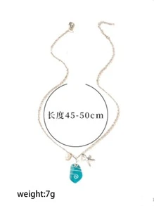 1入組合金&藍色的大海玻璃設計吊墜項鍊適合女士,獨特海洋風格配件 - 藍色 - 查看 4