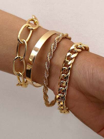 4pcs Retro Personality Fried Dough Twists Chain, Long Tian'an Gold Bracelet Women's Gold Bracelet Stack, Jewelry Set Women's Gold Bracelet Women's Bracelet Girls Teen Girls Gift Fashion Thing Bohemian Gold Chain Bracelet Set. Women's Gold-Plated Stackable Bracelet