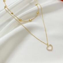 1pc Double Layer Full Rhinestone Heart Pendant Necklace Suitable For Daily Wear - Gold - View 2