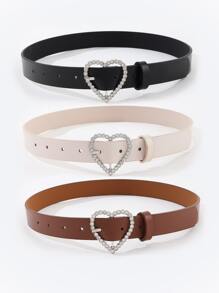 3pcs Heart-Shaped Rhinestone Buckle Leather Belt For Women Summer, School Fall, Autumn, Halloween - Multicolor - View 2