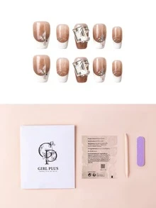 GIRL PLUS [中號] 高貴優雅的法式手工定制可穿戴鑽石美甲貼片,10片裝,適用於派對和日常穿著 - 彩色 - 查看 4