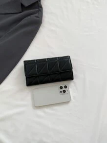 女士 PU 黑色菱形刺绣长钱包，多卡位大容量拉链隔层零钱包，办公室女士必备，旅行，生日礼物，经典长钱包手拿包 - 黑色 - 查看 4