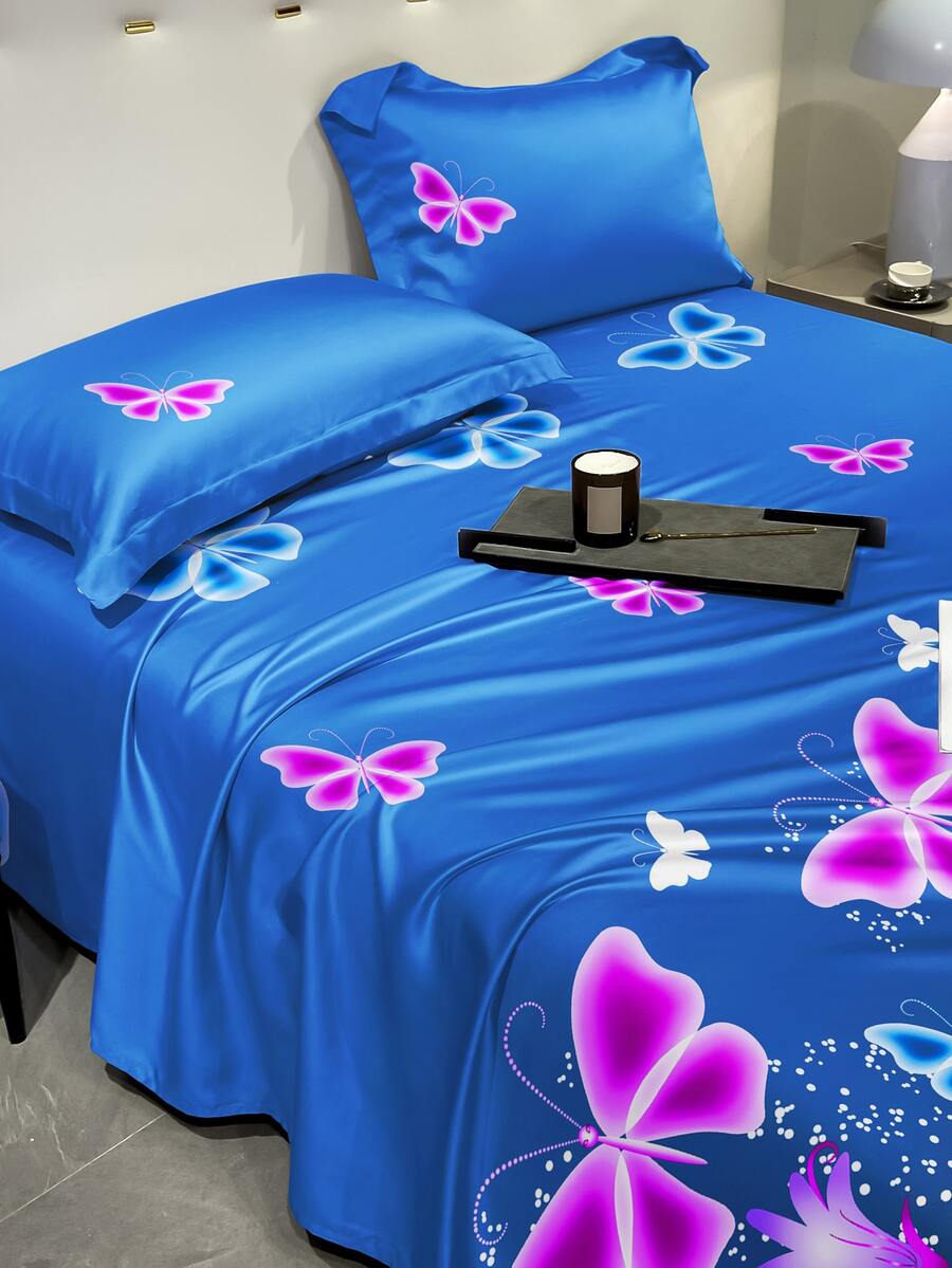 1pc Fashionable Simple Style Moire Printed Bedding Sheet With Butterfly, Flower, Heart Patterns For Dormitory, Bedroom, Bedding Home Textile, Bed Linen - Multicolor - View 1