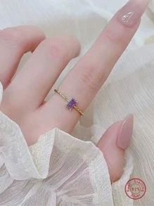 1入精緻簡約時尚s925純銀復古高端個性化ins設計優質晶戒指,鍍白金中指戒女款,適用於日常配戴和飾品禮品 - 金色 - 查看 2
