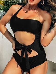 One-Shoulder Triangle Cutout Swimsuit Summer - Black - View 4