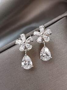 1雙銀色簡約花朵及水滴造型時尚耳環 - 銀色 - 查看 1