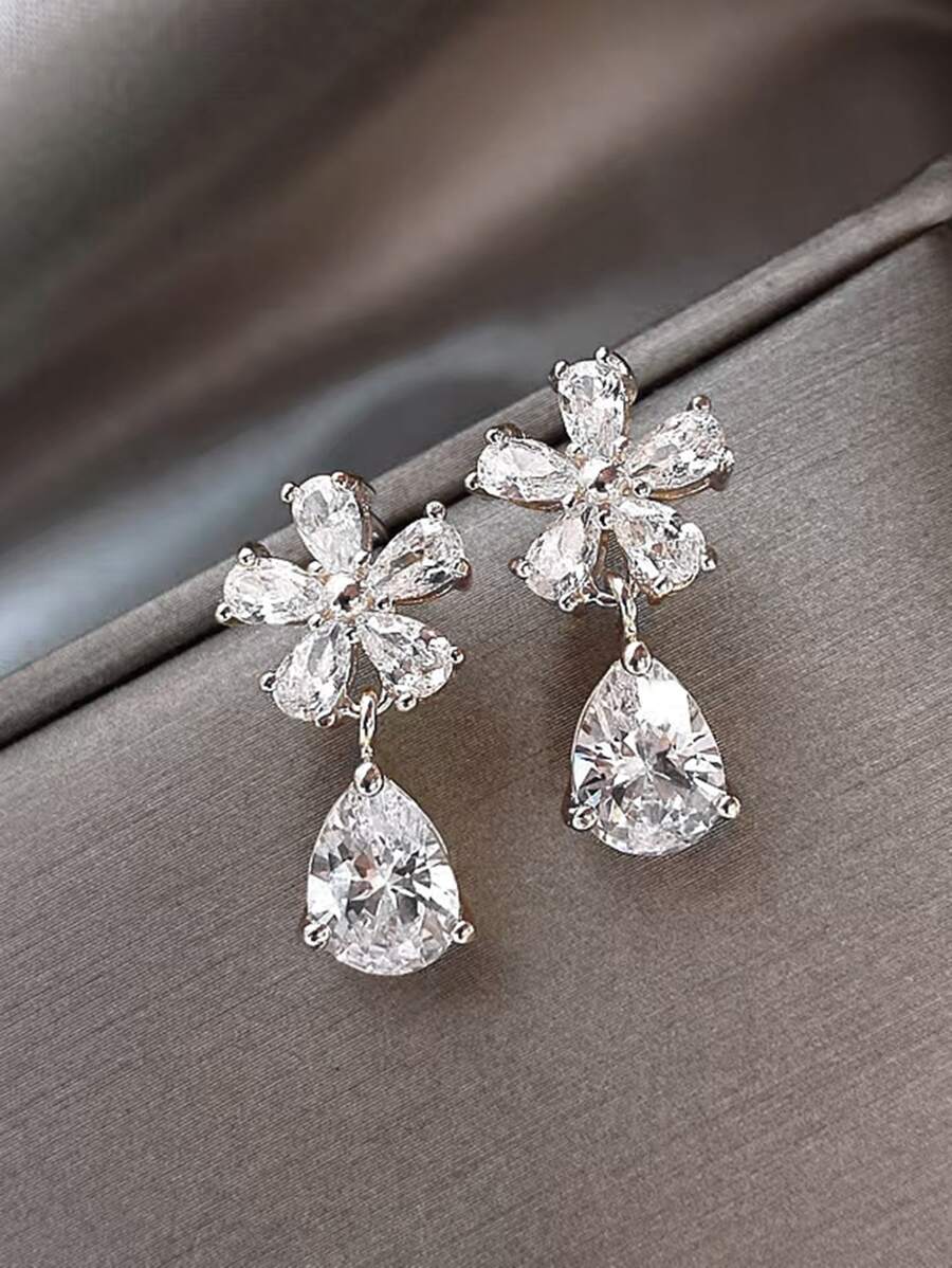 1雙銀色簡約花朵及水滴造型時尚耳環 - 銀色 - 查看 1
