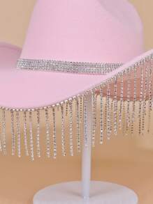 1入組水鑽點綴寬腰帶西部牛仔帽,完美適用於音樂節和派對,帶鏈子吊墜和爵士樂帽