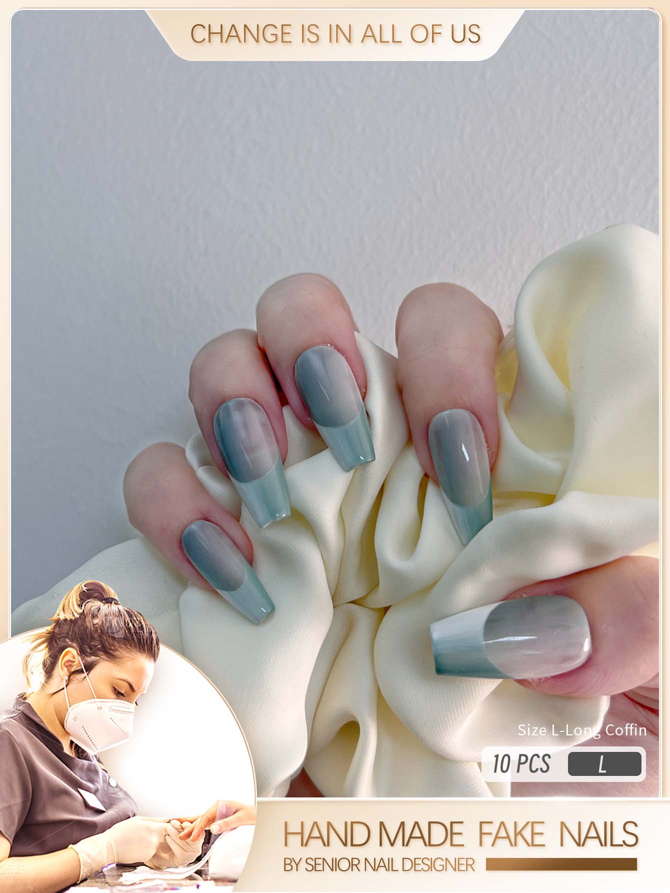 GIRL PLUS Girlplus『薄荷白點心』太空藍色兩色漸變法式果凍光澤假指甲,10入裝,適用於女性日常佩戴 - 彩色 - 查看 1