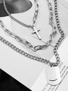 3pcs Punk Minimalist Ball Chain, Black Geometric Pendant Necklace Set For Men - Silver - View 2