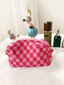 化妆包，1 件 2 种颜色格子化妆包旅行化妆品收纳包粉色棋盘化妆包收纳化妆品收纳化妆盒