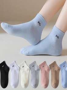 5雙女士低口實色襪子,帶有印花和日式風格的薄款夏季踝襪,適用於春秋