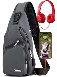 1個 防水灰色拉鍊肩袋具有多個隔層和usb端口,適合戶外徒步旅行,斜背袋腰袋側背袋斜挎包商務休閒學校男士禮物情人節禮物黑色背包臀包胸包旅行必備品假期 - 灰色 - 查看 1