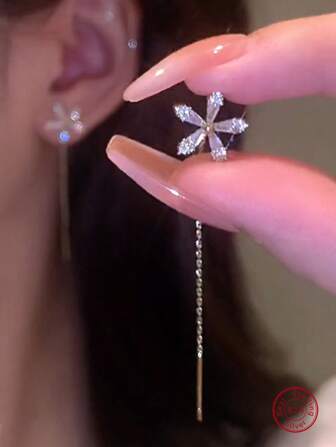 1pair Simple & Unique & Fashionable Sterling Silver & Zirconia & Tassel Dangle Earrings For Women, Suitable For Everyday Wear And As Gifts Holiday