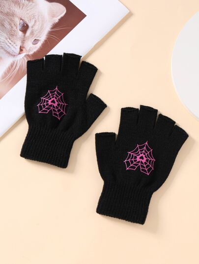 1 par de guantes sin dedos de punto con forma de corazón de red de pescado en estilo Y2K para mujeres, Halloween, San Valentín