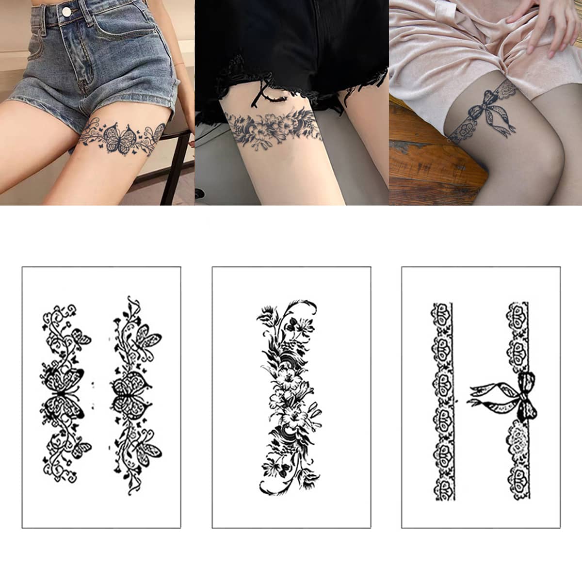 3 Diseños /se Tatuajes Temporales De Jugo De Frutas Naturales Para Las Piernas Con Diseño De Flores Y Lazos De Moda, Larga Duración A Prueba De Agua Y Sudor - Blanco y Negro - Ver 1