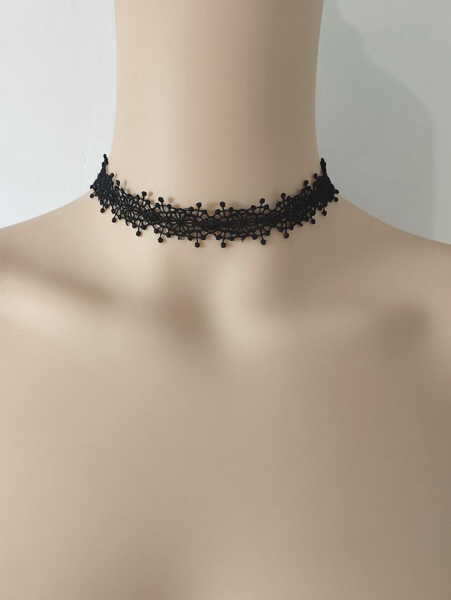 1pc Sweet Cool Black Lace Collar Necklace For Women, Fashionable Style