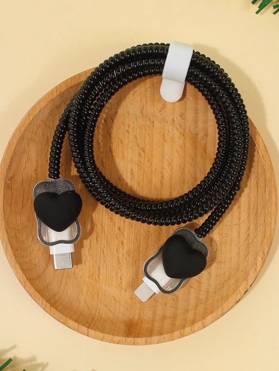 1.5米愛心設計的收纜器套裝,保護帶有適配器的充電器線,與iphone 20w快速充電數據線相容 - 黑色 - 查看 1