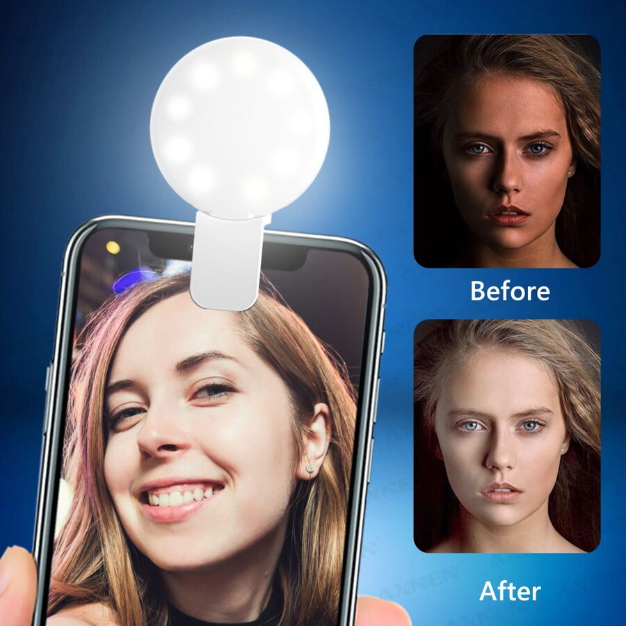 AXNEN 1个便携式夹式圆形自拍灯，迷你自拍环形灯，可充电电池，3档亮度调节，续航2-8小时，闪光灯功能，兼容/安卓手机，适用于摄影、视频、Vlog拍摄 - 白色 - 查看 1