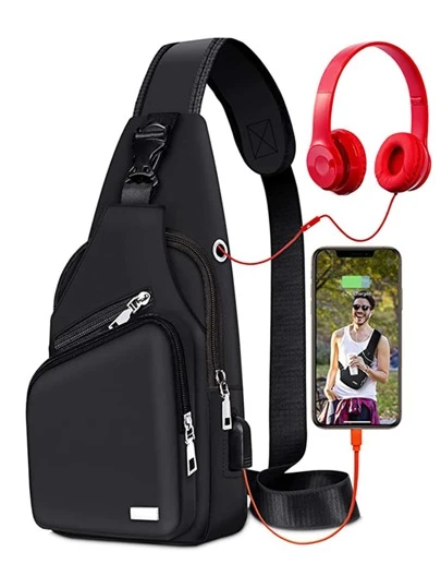 1 件黑色防水拉链胸包，多层大容量多功能斜挎包带 USB 端口，适用于户外徒步旅行单肩包斜挎包侧包通勤宿舍大学圣诞包冬季圣诞礼物假期节日礼物侧包礼物夏季返校运动生活包腰包腰包春季学校用品