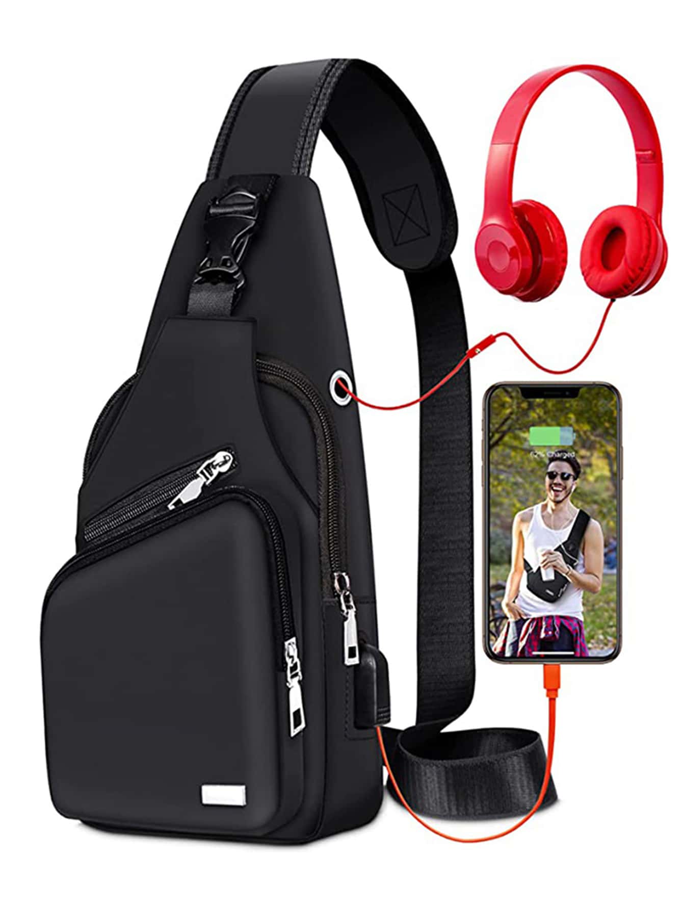 1 件黑色防水拉链胸包，多层大容量多功能斜挎包带 USB 端口，适用于户外徒步旅行单肩包斜挎包侧包通勤宿舍大学圣诞包冬季圣诞礼物假期节日礼物侧包礼物夏季返校运动生活包腰包腰包春季学校用品 - 黑色 - 查看 1