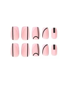 24入組霧面斜邊設計,粉紅色和法式黑色條紋,中長款假指甲 - 粉色 - 查看 2