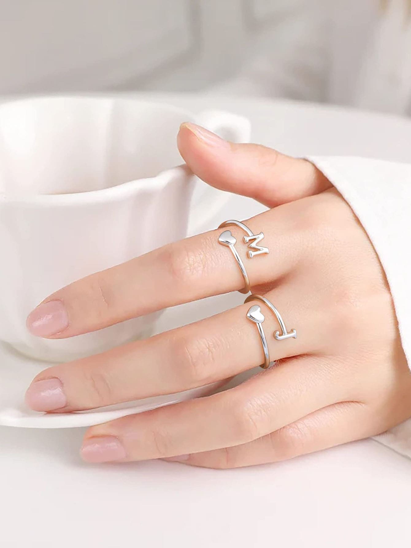 1 Miếng Đúng mốt Mở có thể điều chỉnh Tim & 26 Chữ cái Thiết kế Của phụ nữ Nhẫn - Bạc - Xem 1