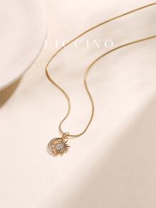 FICCINO Ficcino Colgante De Forma De Sol Y Luna Chapado En Oro Con Joyería De Cz, Collar De Cadena De Serpiente De Acero De Titanio Para Mujeres, Collar De Clavícula Para Todo Tipo De Ocasiones O Regalo Del Aniversario Con Caja