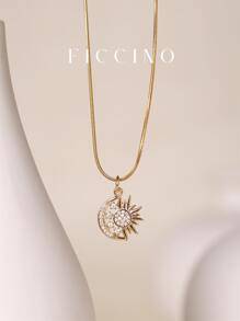 FICCINO Ficcino Colgante De Forma De Sol Y Luna Chapado En Oro Con Joyería De Cz, Collar De Cadena De Serpiente De Acero De Titanio Para Mujeres, Collar De Clavícula Para Todo Tipo De Ocasiones O Regalo Del Aniversario Con Caja