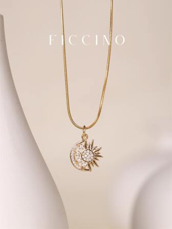  Ficcino Colgante De Forma De Sol Y Luna Chapado En Oro Con Joyería De Cz, Collar De Cadena De Serpiente De Acero De Titanio Para Mujeres, Collar De Clavícula Para Todo Tipo De Ocasiones O Regalo Del Aniversario Con Caja