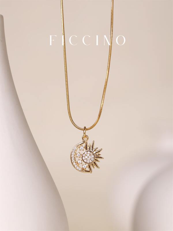 Ficcino 珂菲諾 景德鎮太陽月亮造型鍍金鑽石 鈦鋼蛇骨鏈女士項鍊全兼容鎖骨鏈,日常、場合或周年紀念禮物附贈盒子