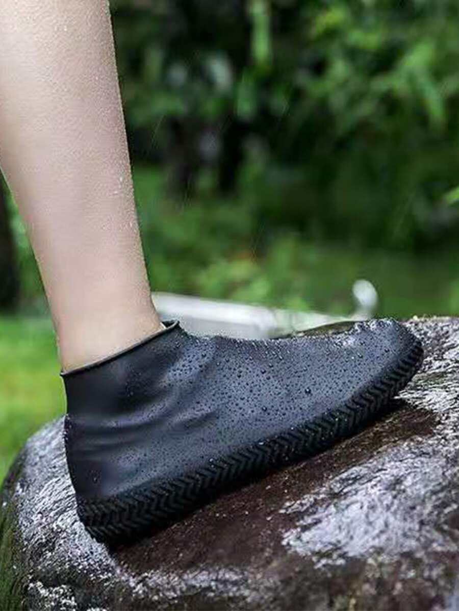 1雙矽膠防水鞋套防滑耐磨底加厚男女雨天戶外雨靴 - 黑色 - 查看 1