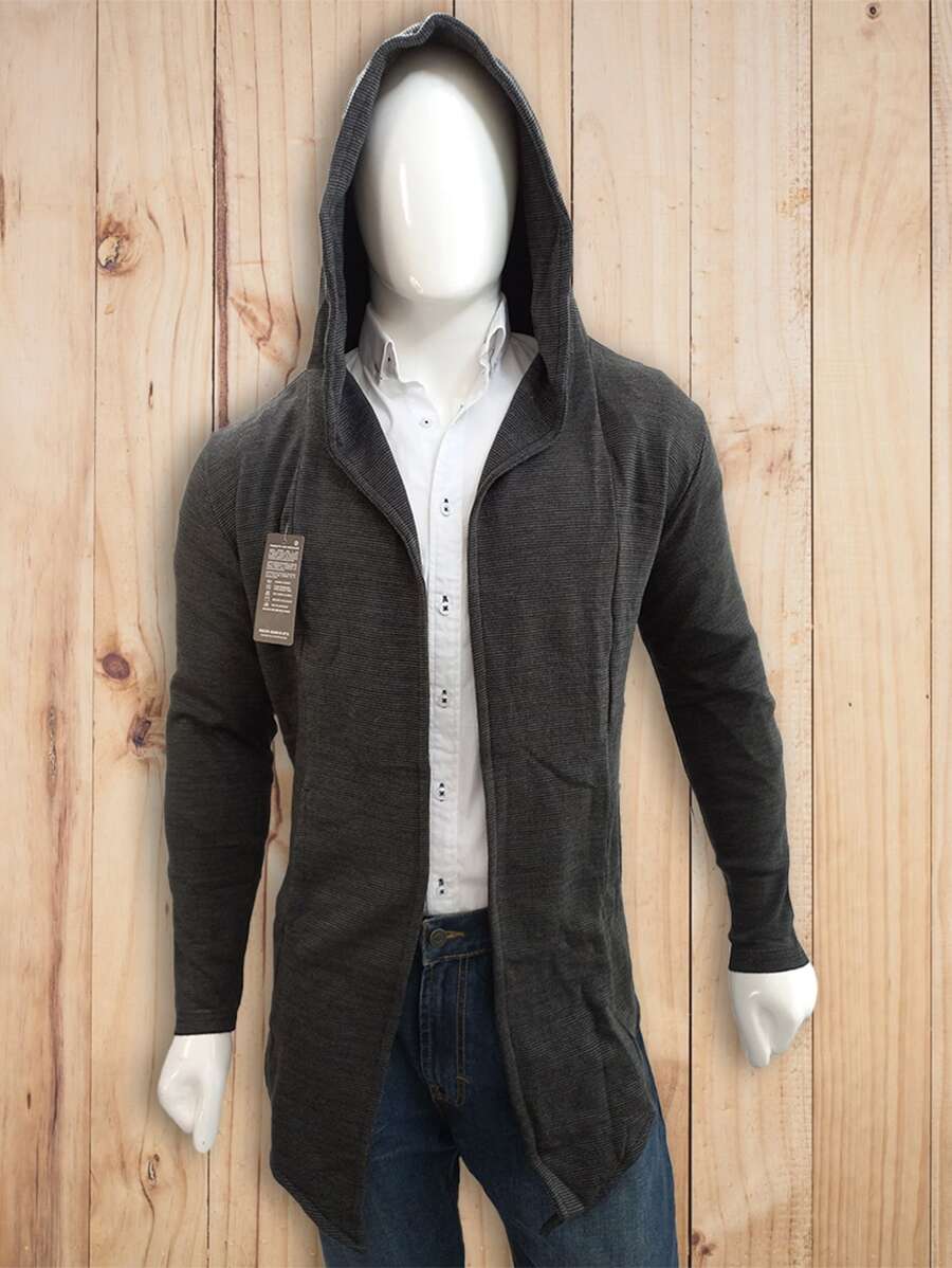Suéter Largo Capa  Cárdigan Abrigo Saco Para Hombre Con Gorro - Blanco y Negro - Ver 1
