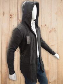 Suéter Largo Capa  Cárdigan Abrigo Saco Para Hombre Con Gorro - Blanco y Negro - Ver 2