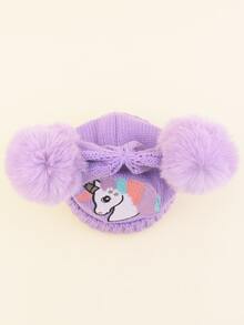 1pc Kid's Cute Unicorn Embroidery Knitted Hat With Double Pom-pom For Winter Warmth, Daily Wear - Purple - View 5