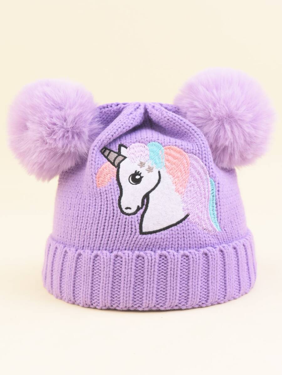 1pc Kid's Cute Unicorn Embroidery Knitted Hat With Double Pom-pom For Winter Warmth, Daily Wear - Purple - View 1