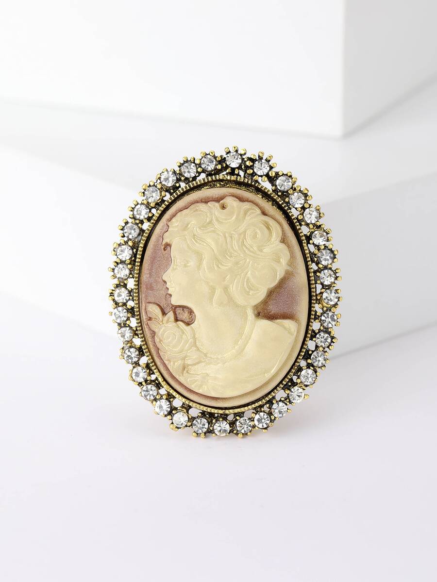 1pc Vintage Alloy Rhinestone Beauty Head Shaped Brooch Suitable For Women's Daily Wear