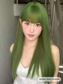 綠色合成耐熱直髮假髮1片,長24英寸,由纖維製成,適合日常使用,自然逼真的假髮。 - 綠色 - 查看 7