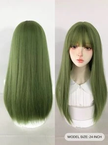 綠色合成耐熱直髮假髮1片,長24英寸,由纖維製成,適合日常使用,自然逼真的假髮。 - 綠色 - 查看 8