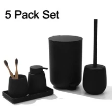 5pcs Solid Color Cleaning Brush & Lotion Dispenser & Toothbrush Cup - Black - View 1