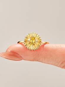 1入組黃色向日葵方晶鋯石戒指適合女士S925純銀黃色鍍金戒指魅力四射情人節精細女士們首飾類日常穿著禮物